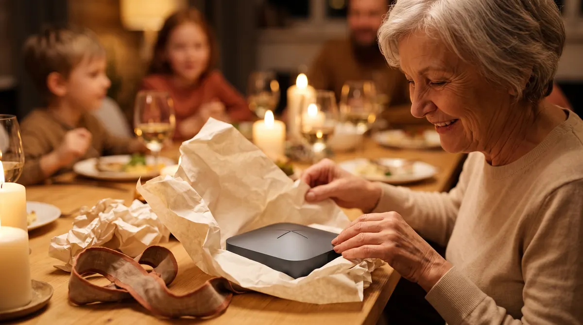 A grandmother unwrapping The Ark at a candlelit family dinner
