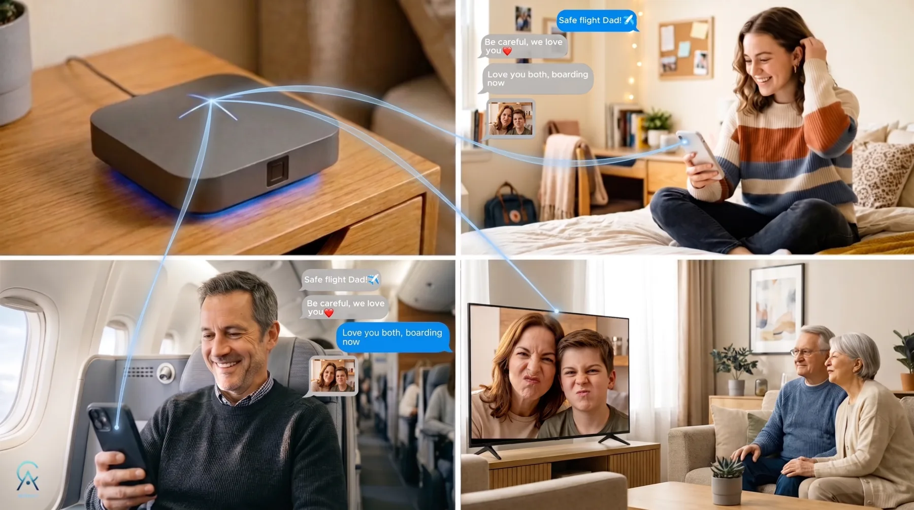 The Ark at home connecting a family: a daughter texting from her room, a traveling father messaging from a plane, and grandparents watching family photos on their TV